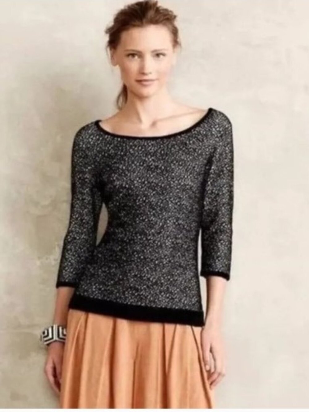 Anthropologie Moth Size XL Black Boat Neck Lana Textured 3/4 Sleeve Sweater